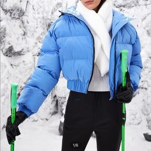 Warm blue puffer zip up jacket with hood size xs